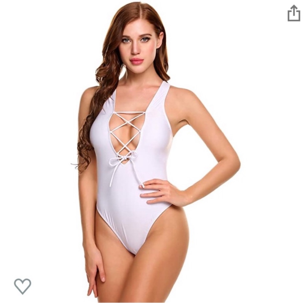 White lace up swimsuit - one piece